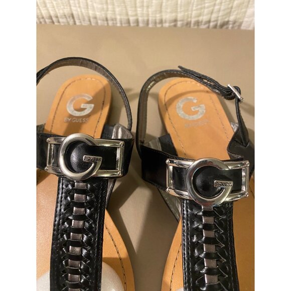 G by Guess Womens Sandals Size 9M Black Leather with Silver Buckle Decor Casual - Picture 3 of 11
